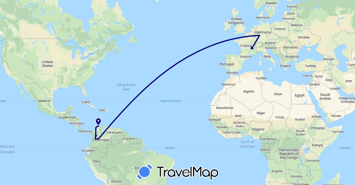 TravelMap itinerary: driving in Colombia, Germany, France (Europe, South America)